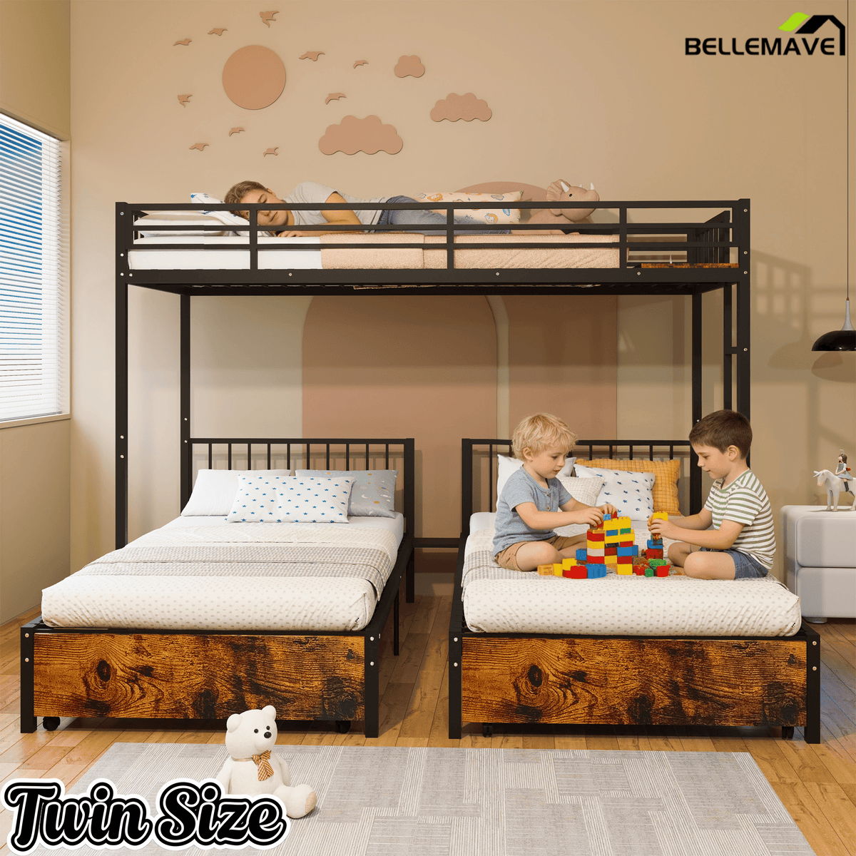Bellemave® Metal Triple Bunk Bed with Storage Drawers & Ladder, Detachable Twin Bunk Beds with LED Lights & Charging Station, No Box Spring Needed - Bellemave