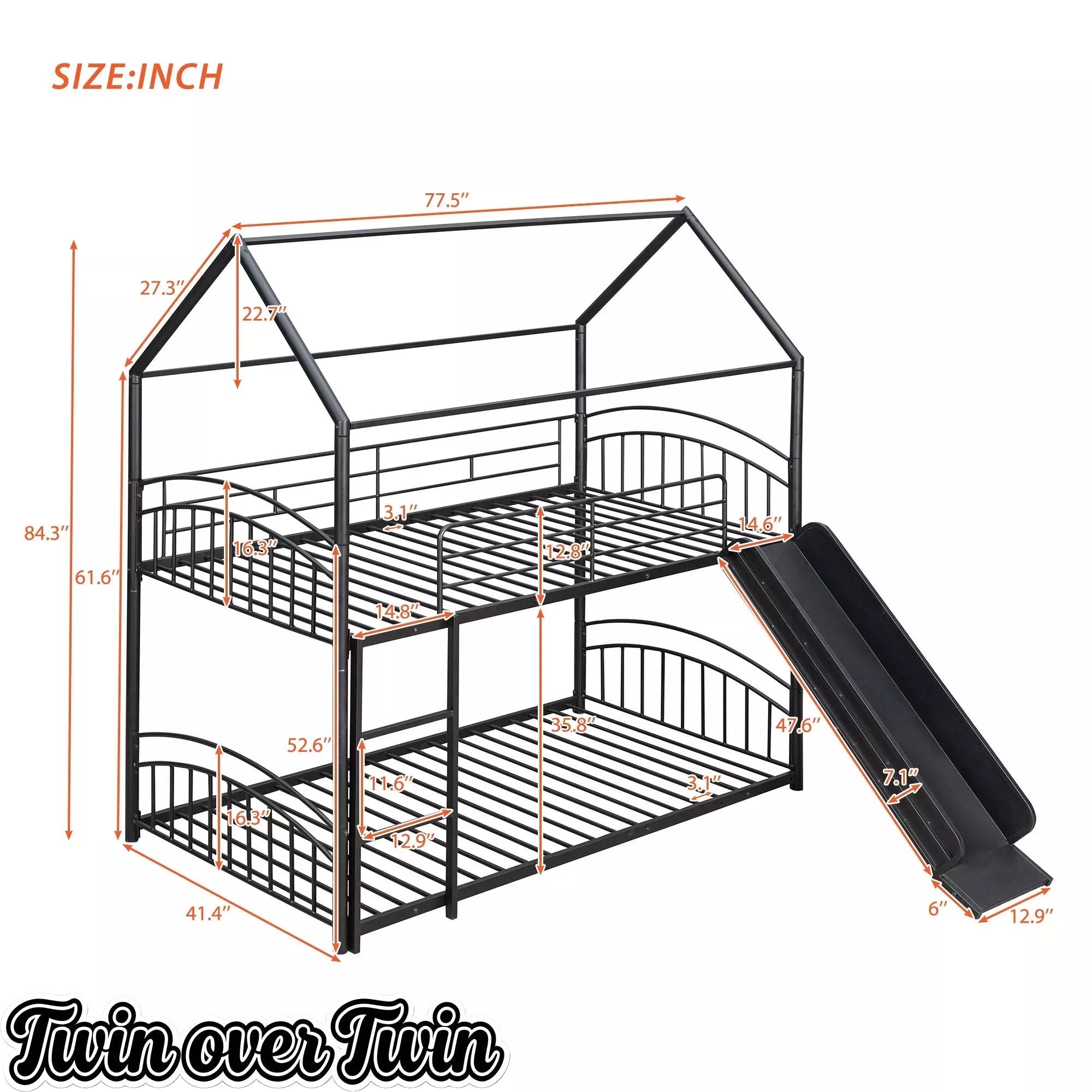 Bellemave® Metal Twin over Twin House Bunk Bed with Slide & Built-in Ladder for Kids - Bellemave