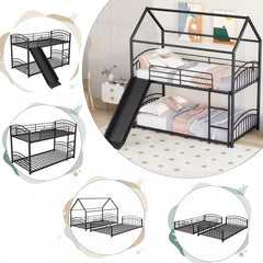 Bellemave® Metal Twin over Twin House Bunk Bed with Slide & Built-in Ladder for Kids - Bellemave
