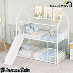 Bellemave® Metal Twin over Twin House Bunk Bed with Slide & Built-in Ladder for Kids - Bellemave
