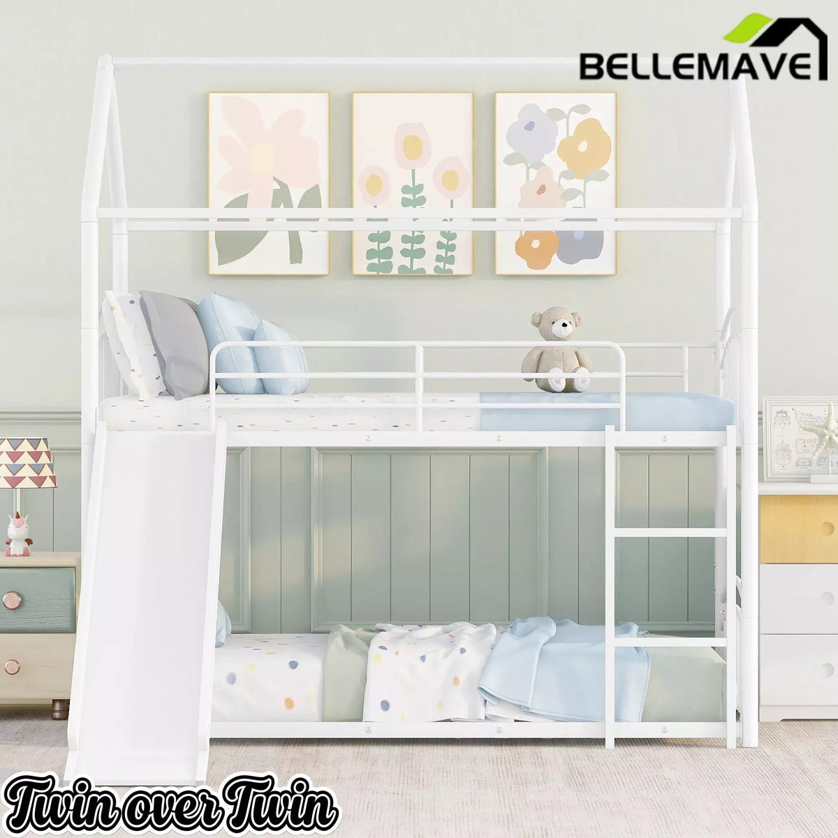Bellemave® Metal Twin over Twin House Bunk Bed with Slide & Built-in Ladder for Kids - Bellemave