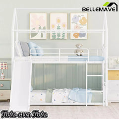 Bellemave® Metal Twin over Twin House Bunk Bed with Slide & Built-in Ladder for Kids - Bellemave