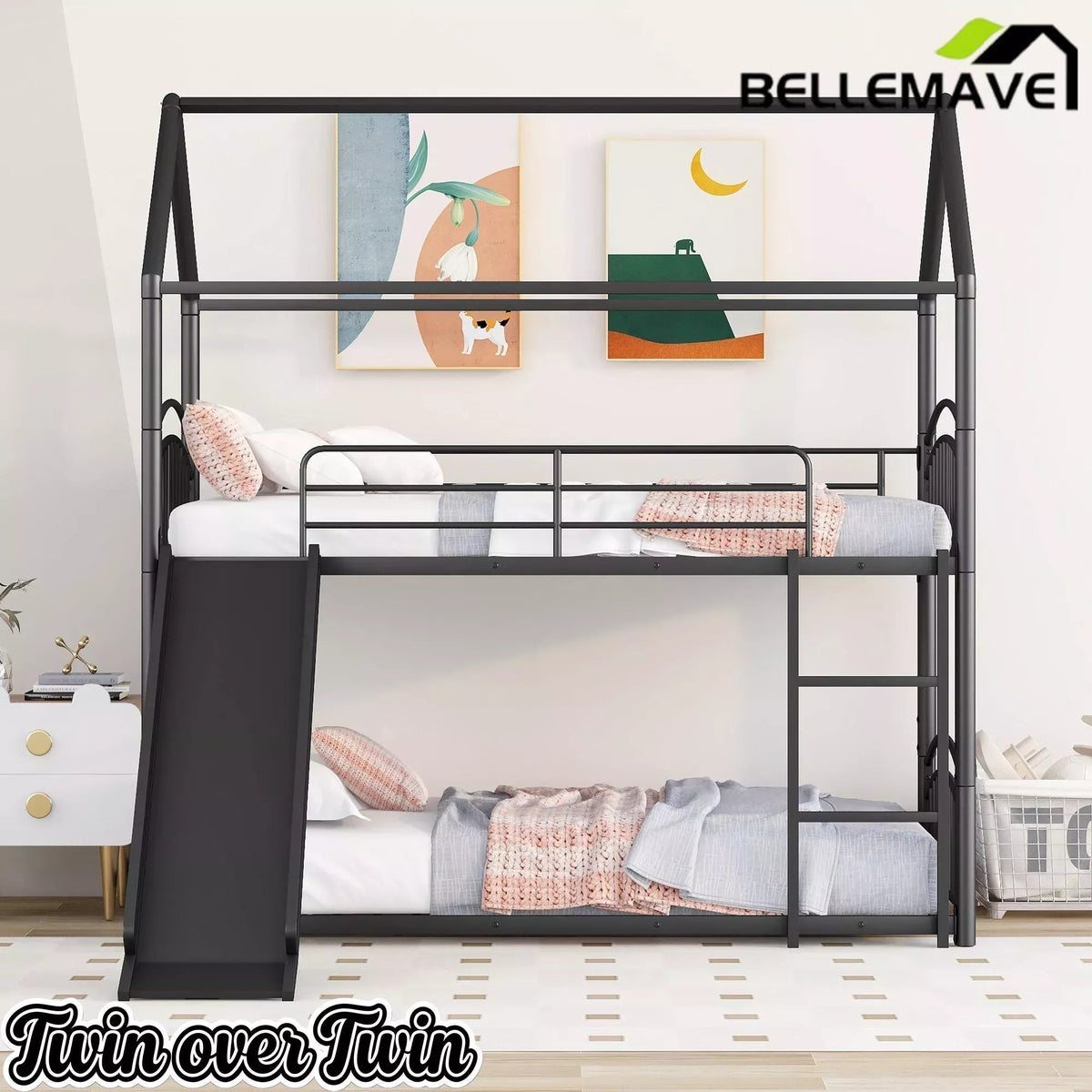 Bellemave® Metal Twin over Twin House Bunk Bed with Slide & Built-in Ladder for Kids - Bellemave
