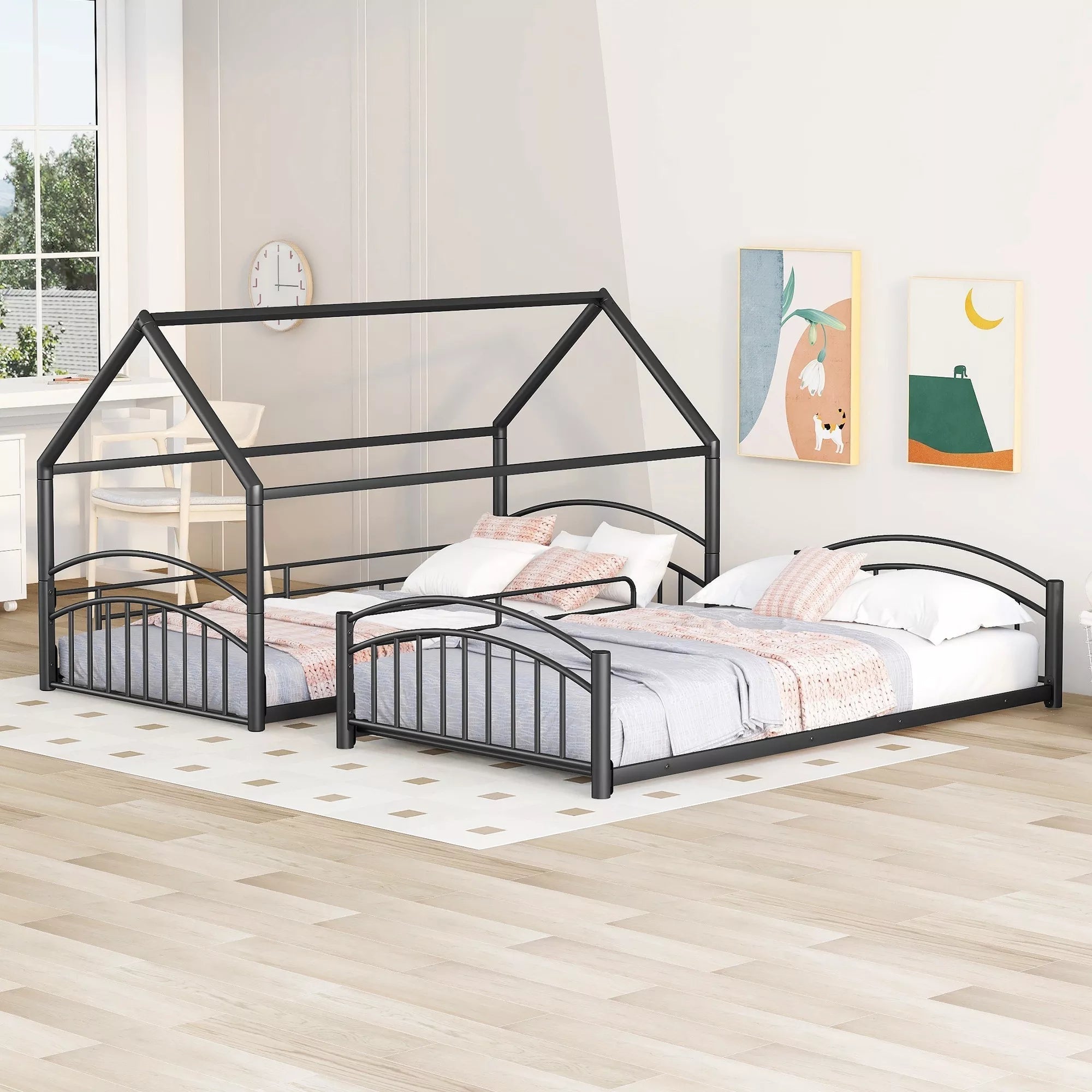 Bellemave® Metal Twin over Twin House Bunk Bed with Slide & Built-in Ladder for Kids - Bellemave