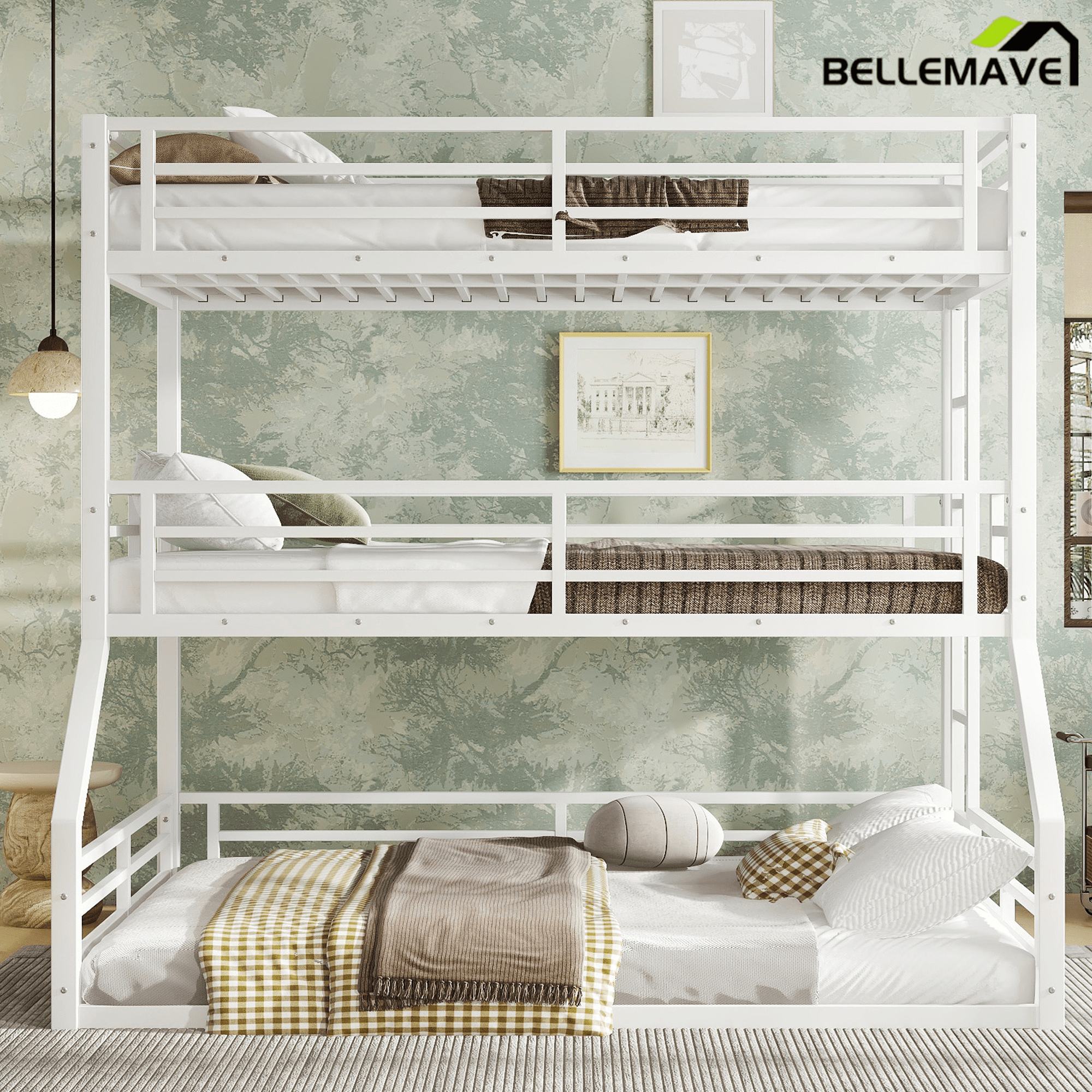 Bellemave® Metal Twin Over Twin Over Full Triple Bunk Bed with Full - Length Guardrails for 3, Noise - Reduced & Multifunctional, White - Bellemave