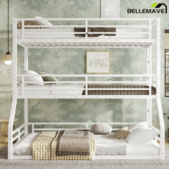 Bellemave® Metal Twin Over Twin Over Full Triple Bunk Bed with Full - Length Guardrails for 3, Noise - Reduced & Multifunctional, White - Bellemave