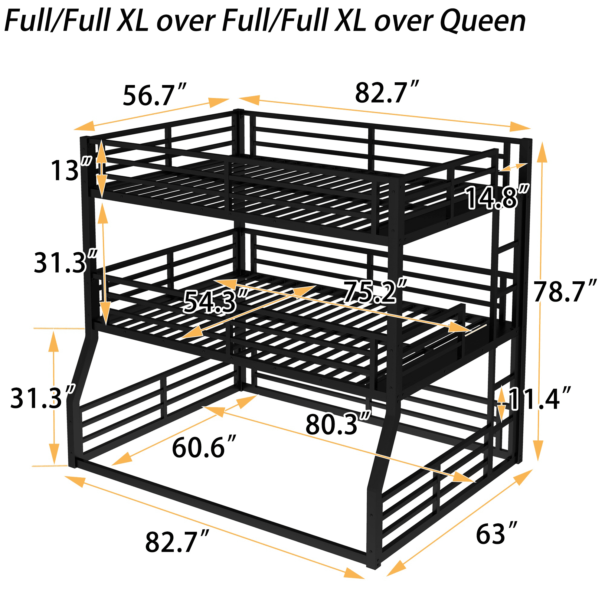 Bellemave® Metal Twin Over Twin Over Full Triple Bunk Bed with Full - Length Guardrails for 3, Noise - Reduced & Multifunctional, White - Bellemave
