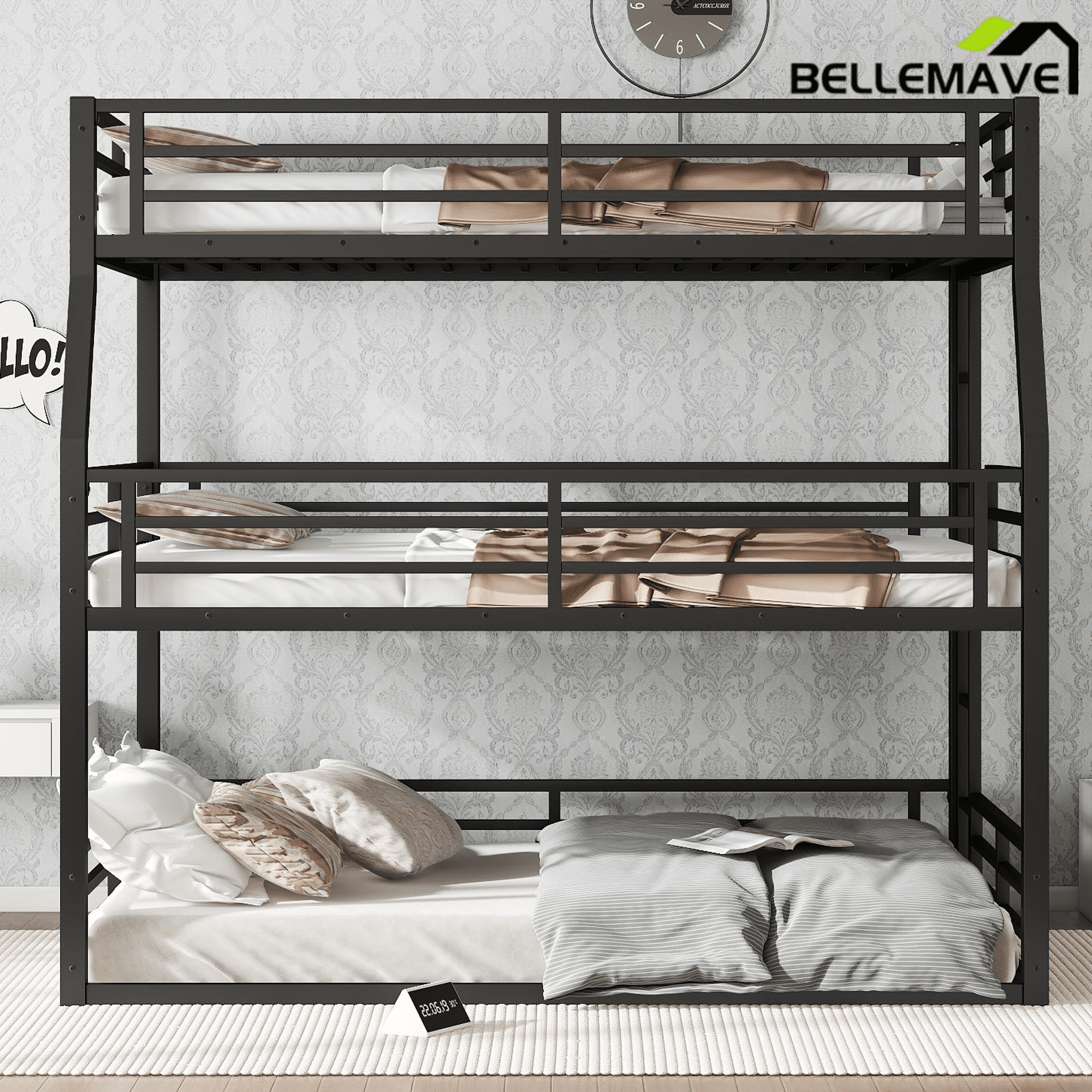 Bellemave® Metal Twin Over Twin Over Full Triple Bunk Bed with Full - Length Guardrails for 3, Noise - Reduced & Multifunctional, White - Bellemave