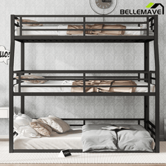 Bellemave® Metal Twin Over Twin Over Full Triple Bunk Bed with Full - Length Guardrails for 3, Noise - Reduced & Multifunctional, White - Bellemave