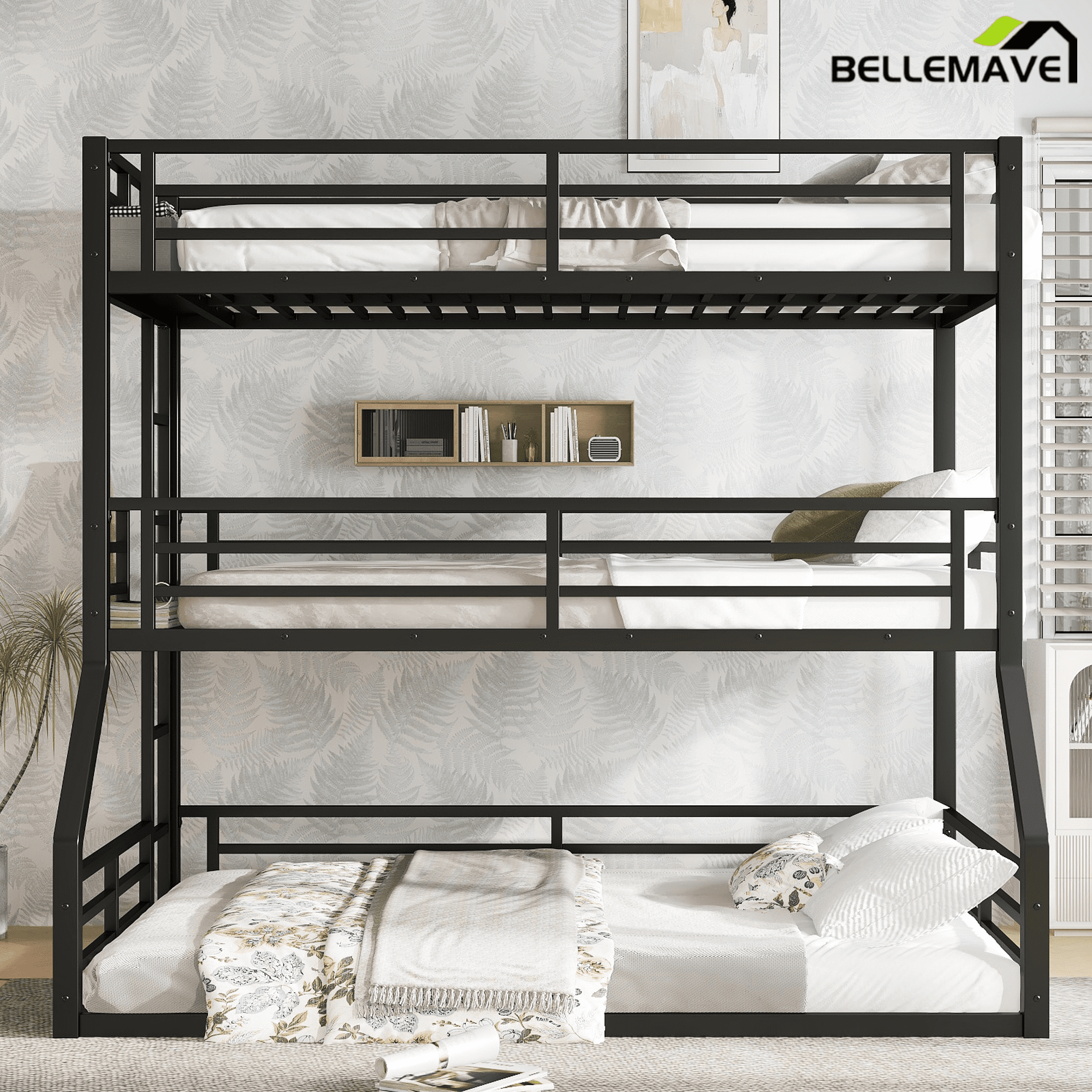 Bellemave® Metal Twin Over Twin Over Full Triple Bunk Bed with Full - Length Guardrails for 3, Noise - Reduced & Multifunctional, White - Bellemave