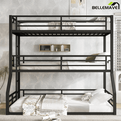 Bellemave® Metal Twin Over Twin Over Full Triple Bunk Bed with Full - Length Guardrails for 3, Noise - Reduced & Multifunctional, White - Bellemave