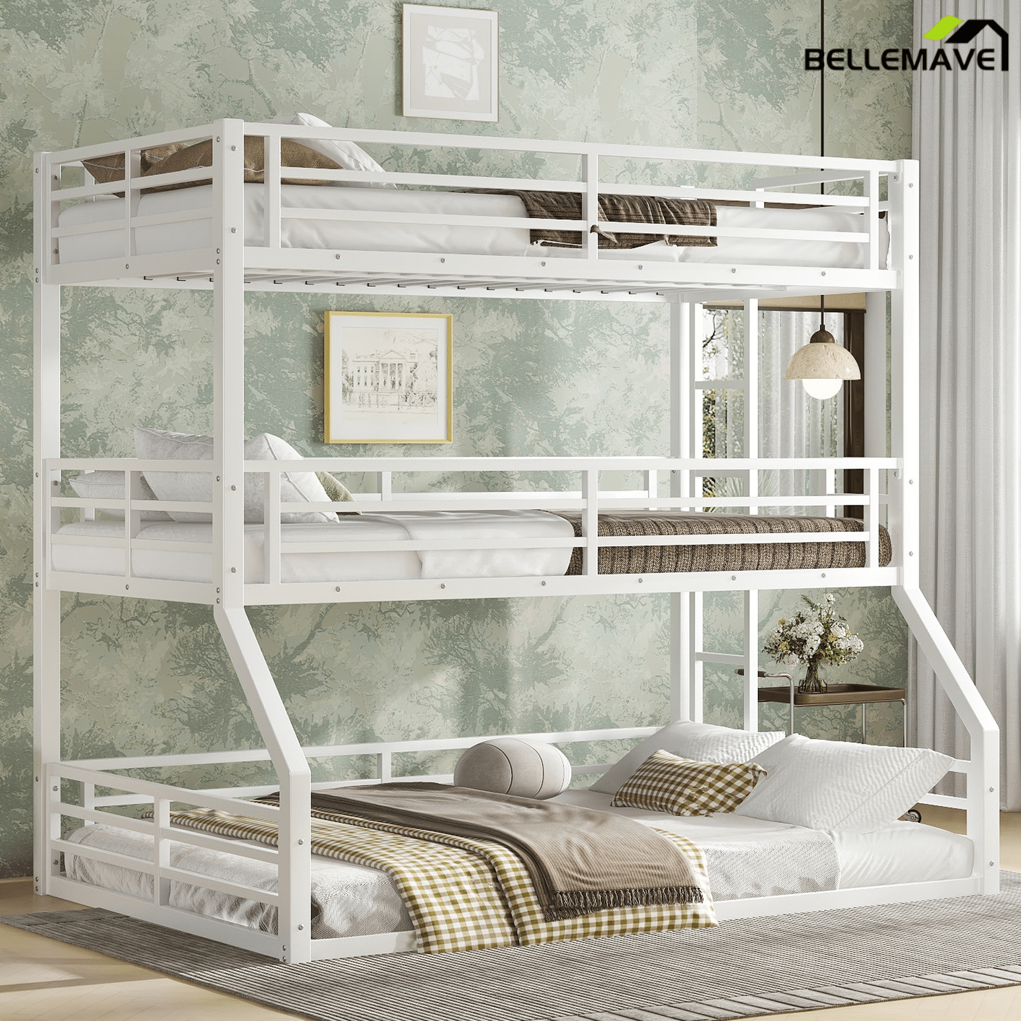 Bellemave® Metal Twin Over Twin Over Full Triple Bunk Bed with Full - Length Guardrails for 3, Noise - Reduced & Multifunctional, White - Bellemave