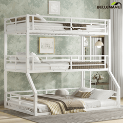 Bellemave® Metal Twin Over Twin Over Full Triple Bunk Bed with Full - Length Guardrails for 3, Noise - Reduced & Multifunctional, White - Bellemave