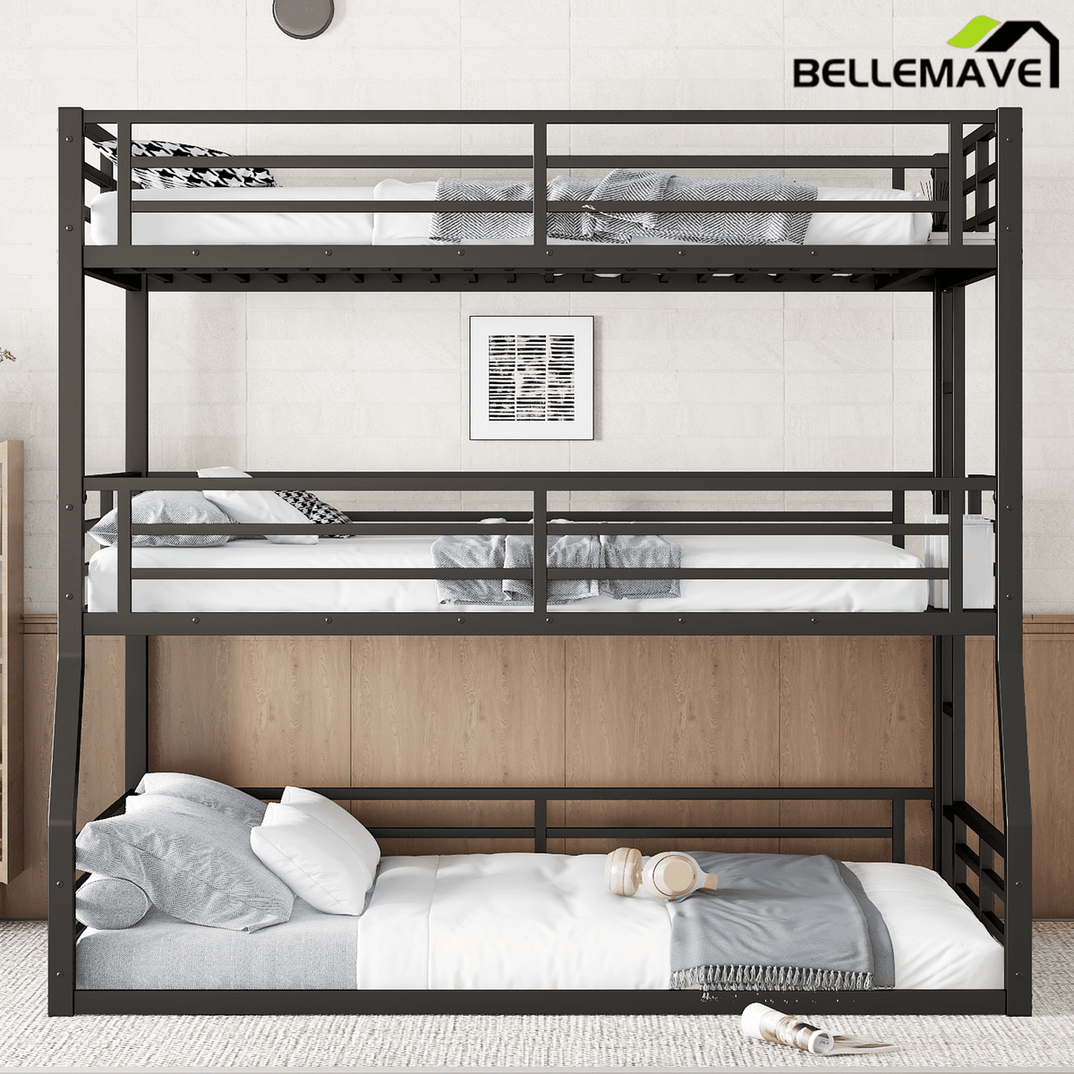 Bellemave® Metal Twin Over Twin Over Full Triple Bunk Bed with Full - Length Guardrails for 3, Noise - Reduced & Multifunctional, White - Bellemave