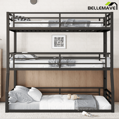 Bellemave® Metal Twin Over Twin Over Full Triple Bunk Bed with Full - Length Guardrails for 3, Noise - Reduced & Multifunctional, White - Bellemave