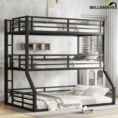 Bellemave® Metal Twin Over Twin Over Full Triple Bunk Bed with Full - Length Guardrails for 3, Noise - Reduced & Multifunctional, White - Bellemave