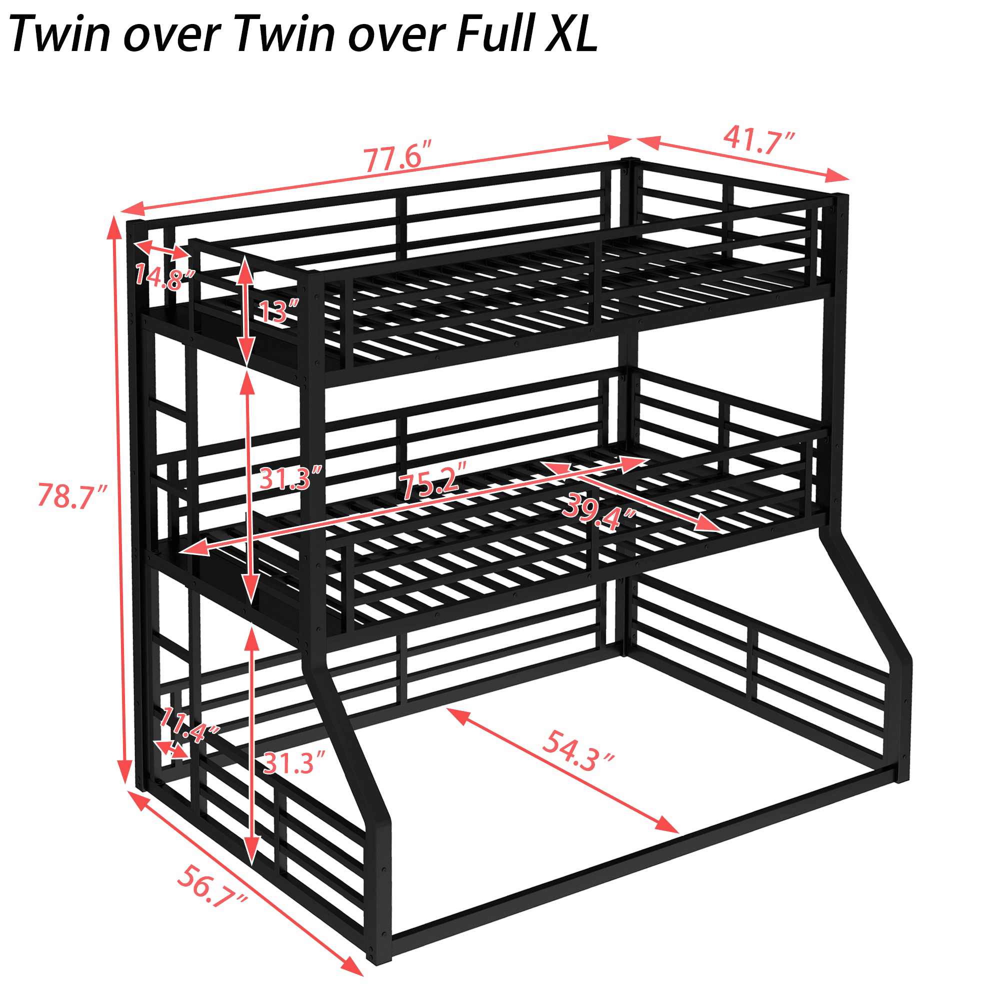 Bellemave® Metal Twin Over Twin Over Full Triple Bunk Bed with Full - Length Guardrails for 3, Noise - Reduced & Multifunctional, White - Bellemave