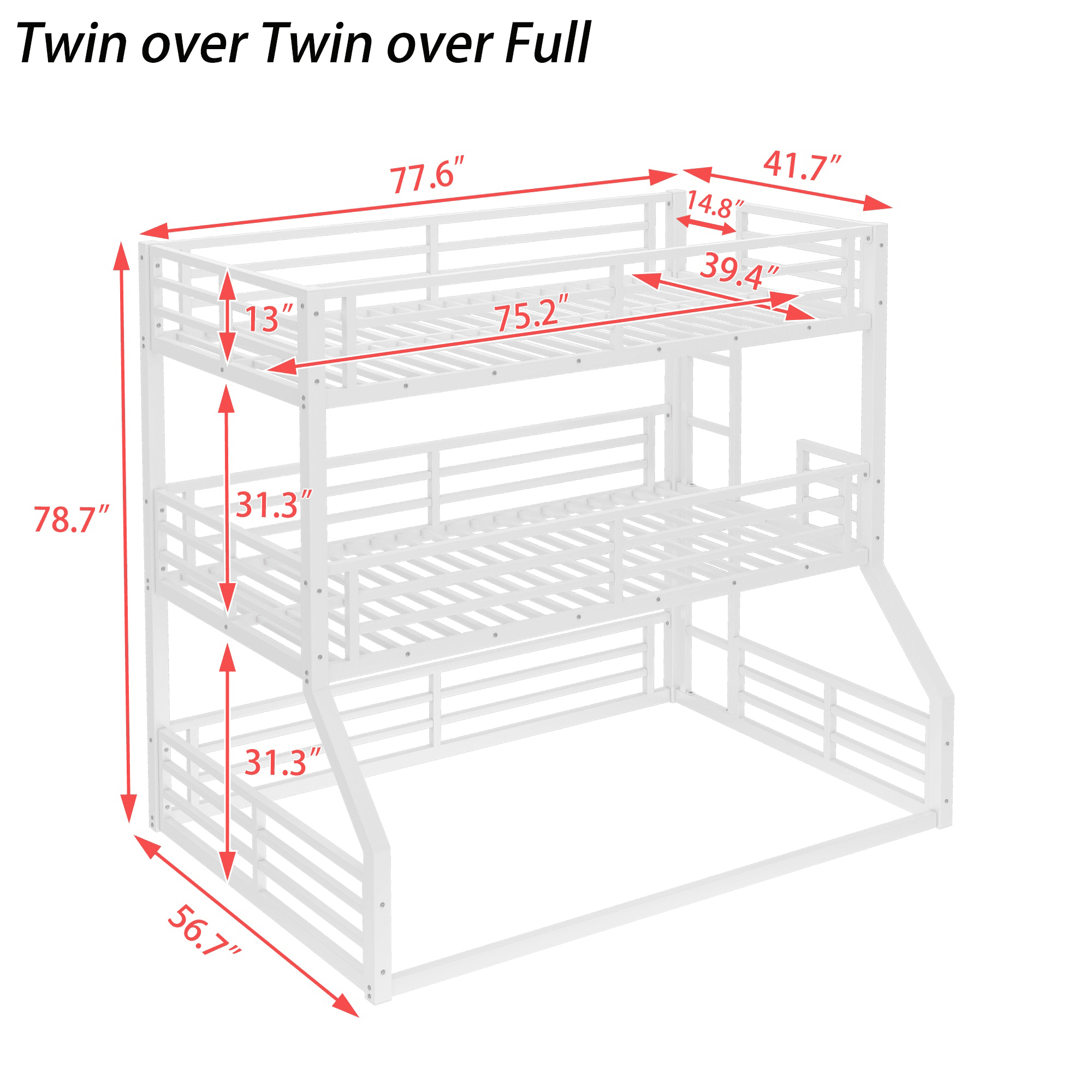 Bellemave® Metal Twin Over Twin Over Full Triple Bunk Bed with Full - Length Guardrails for 3, Noise - Reduced & Multifunctional, White - Bellemave