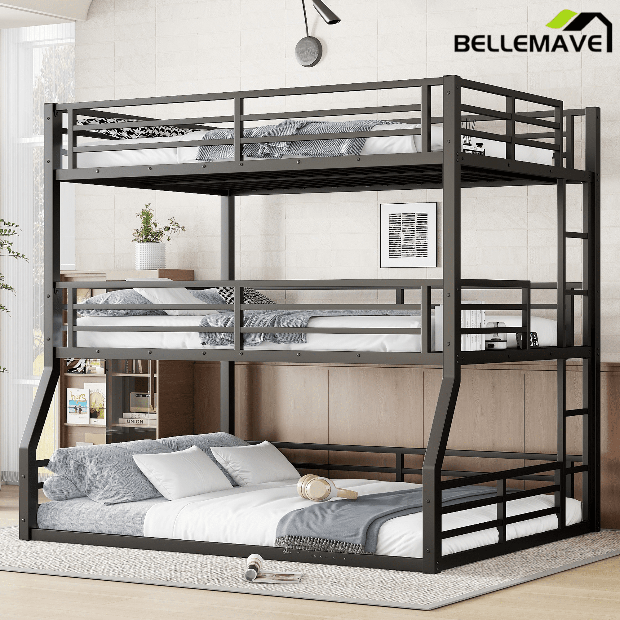 Bellemave® Metal Twin Over Twin Over Full Triple Bunk Bed with Full - Length Guardrails for 3, Noise - Reduced & Multifunctional, White - Bellemave