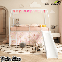 Bellemave® Metal Twin Size House Loft Bed with Slide & Curtain Set,Low Loft Bed Frame with Pennant Banner Flag & Star Stickers, Kids Loft Bed with Slide - Bellemave