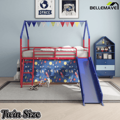 Bellemave® Metal Twin Size House Loft Bed with Slide & Curtain Set,Low Loft Bed Frame with Pennant Banner Flag & Star Stickers, Kids Loft Bed with Slide - Bellemave