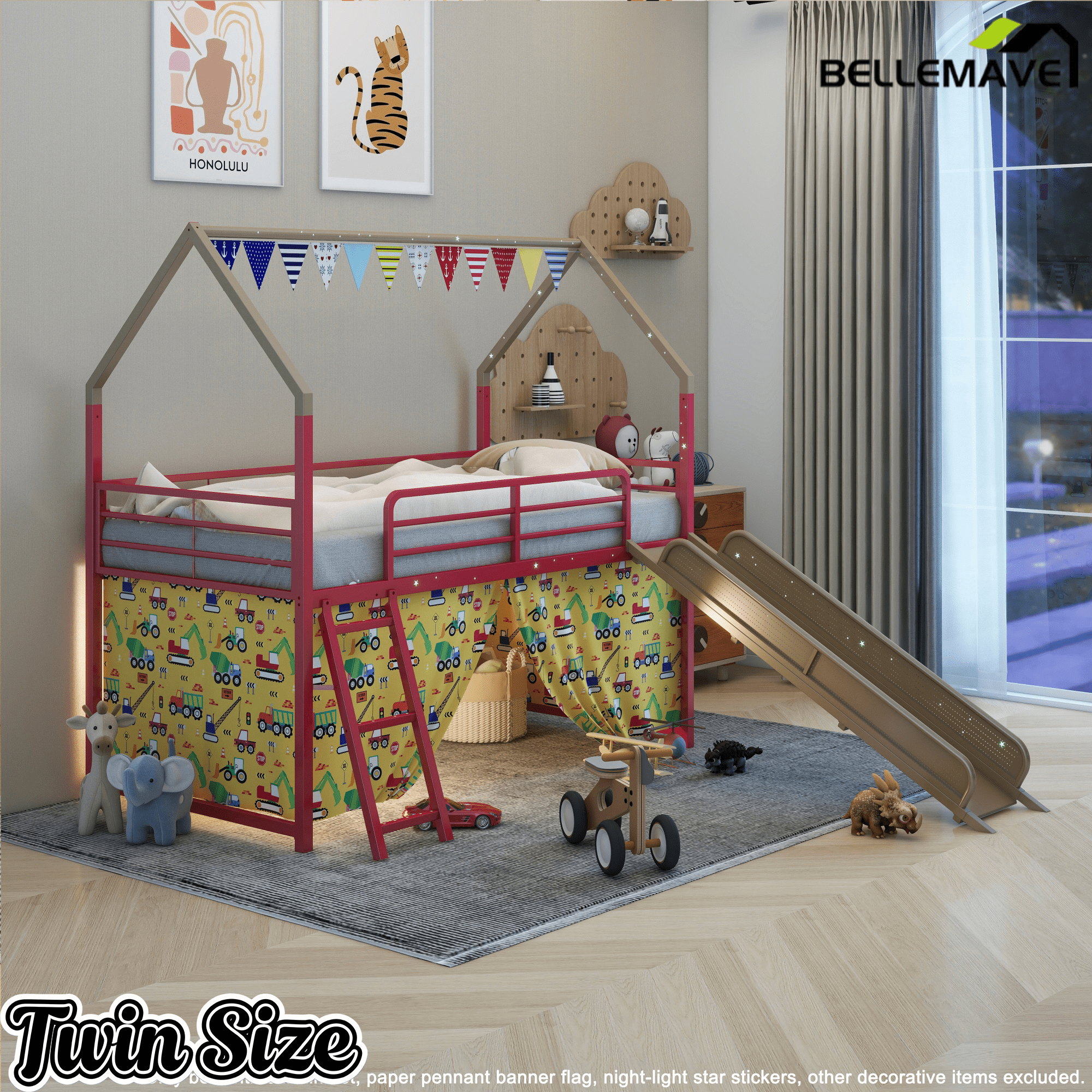 Bellemave® Metal Twin Size House Loft Bed with Slide & Curtain Set,Low Loft Bed Frame with Pennant Banner Flag & Star Stickers, Kids Loft Bed with Slide - Bellemave
