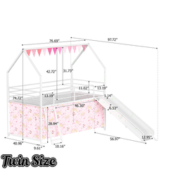 Bellemave® Metal Twin Size House Loft Bed with Slide & Curtain Set,Low Loft Bed Frame with Pennant Banner Flag & Star Stickers, Kids Loft Bed with Slide - Bellemave