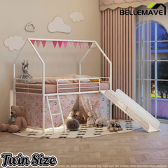 Bellemave® Metal Twin Size House Loft Bed with Slide & Curtain Set,Low Loft Bed Frame with Pennant Banner Flag & Star Stickers, Kids Loft Bed with Slide - Bellemave