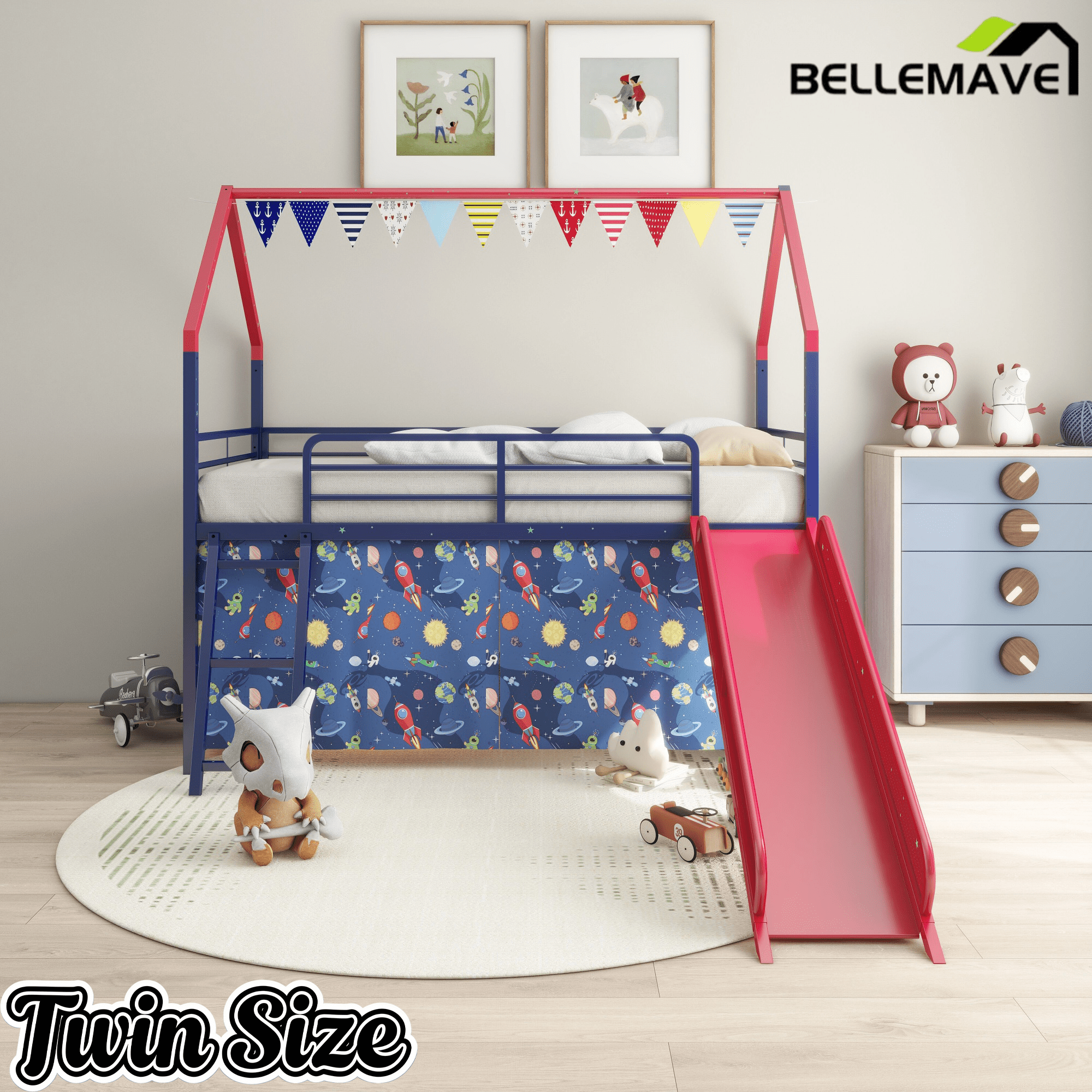 Bellemave® Metal Twin Size House Loft Bed with Slide & Curtain Set,Low Loft Bed Frame with Pennant Banner Flag & Star Stickers, Kids Loft Bed with Slide - Bellemave