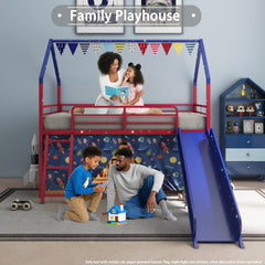 Bellemave® Metal Twin Size House Loft Bed with Slide & Curtain Set,Low Loft Bed Frame with Pennant Banner Flag & Star Stickers, Kids Loft Bed with Slide - Bellemave