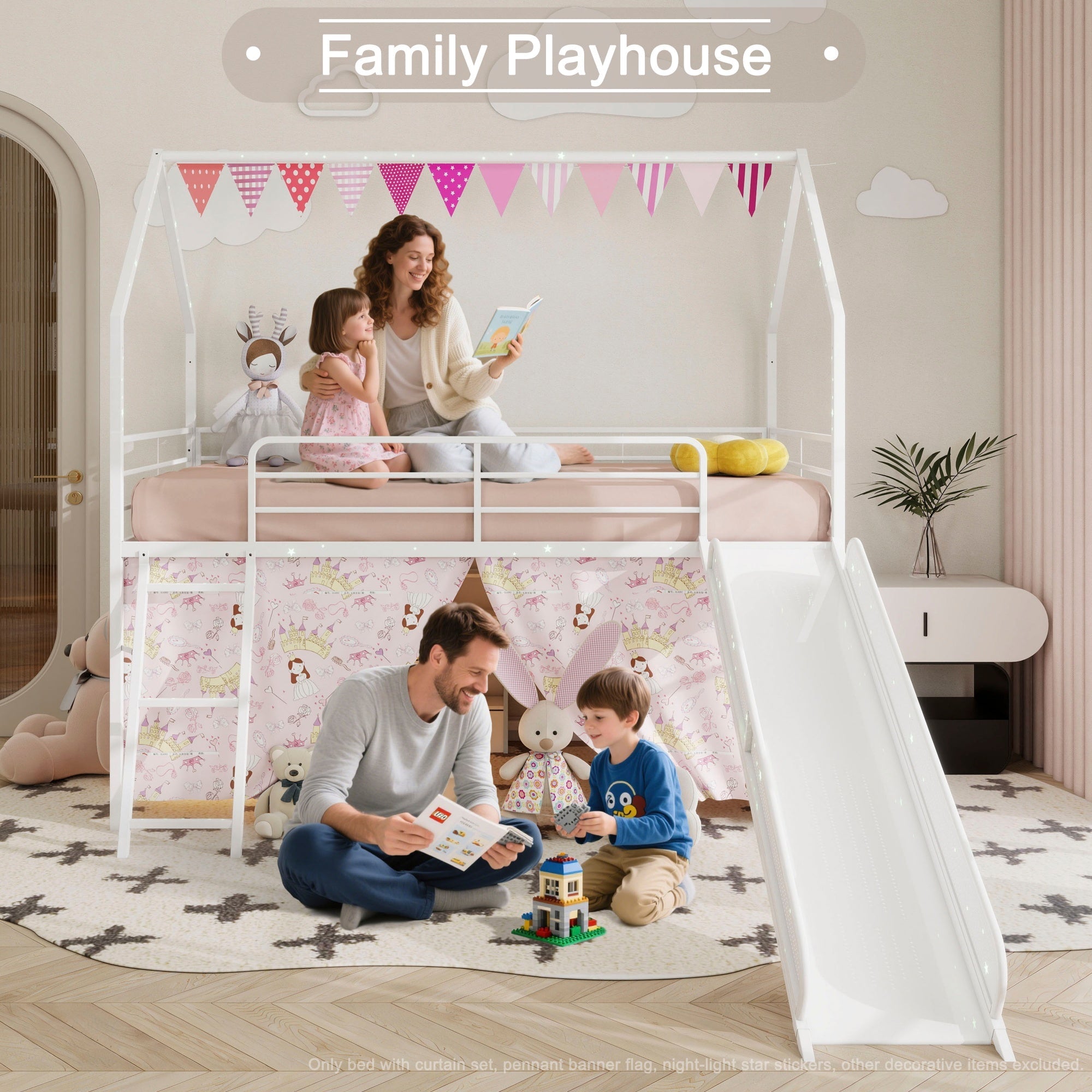 Bellemave® Metal Twin Size House Loft Bed with Slide & Curtain Set,Low Loft Bed Frame with Pennant Banner Flag & Star Stickers, Kids Loft Bed with Slide - Bellemave
