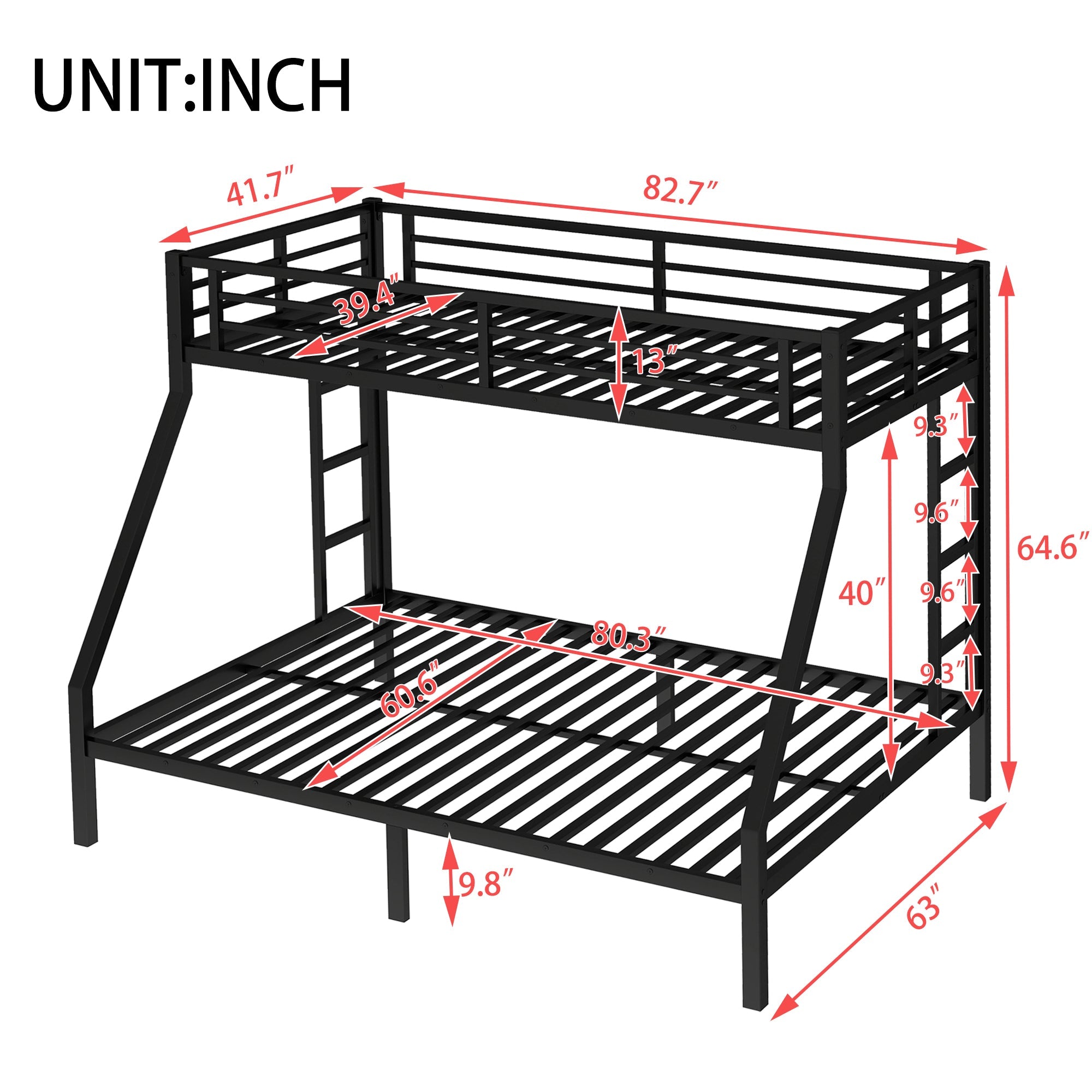 Bellemave Metal Twin XL Over Queen Bunk Bed for Adults/Kids,Heavy Duty Adults Bunk Beds with Guardrail & Ladders,Twin XL Over Queen Size Bunk Beds for Teens,Black - Bellemave