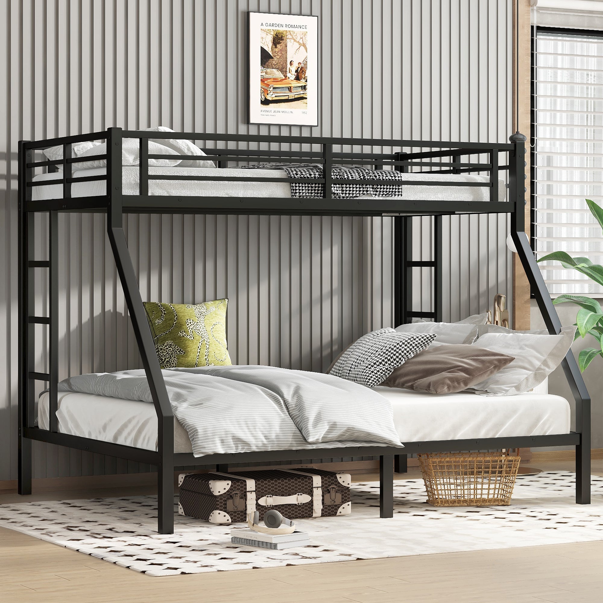 Bellemave Metal Twin XL Over Queen Bunk Bed for Adults/Kids,Heavy Duty Adults Bunk Beds with Guardrail & Ladders,Twin XL Over Queen Size Bunk Beds for Teens,Black - Bellemave