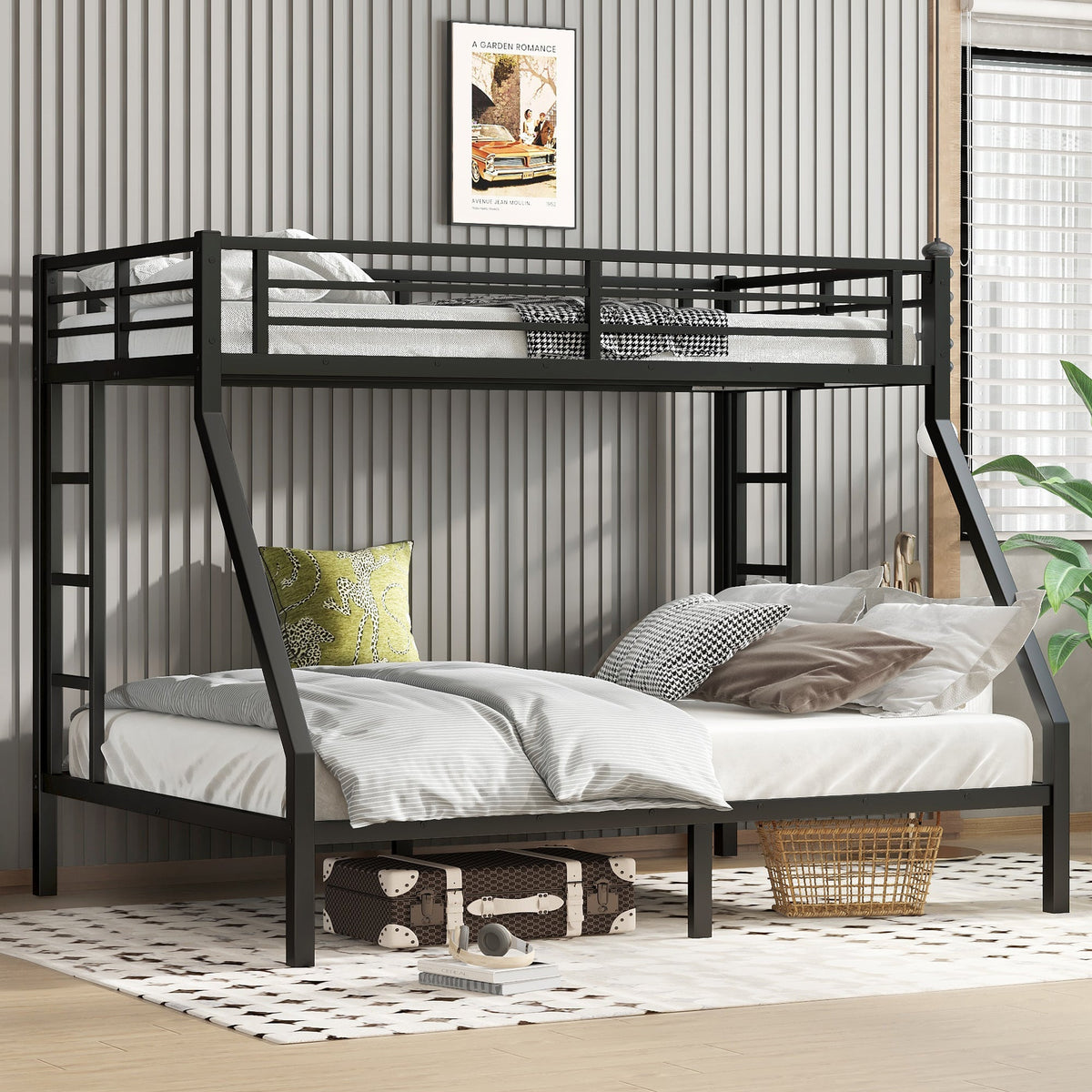 Bellemave Metal Twin XL Over Queen Bunk Bed for Adults/Kids,Heavy Duty Adults Bunk Beds with Guardrail & Ladders,Twin XL Over Queen Size Bunk Beds for Teens,Black - Bellemave