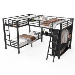 Bellemave® Metal Twin XL Over Twin XL Bunk Bed with Full Loft Bed, Heavy Duty L - Shaped Triple Bunk Bed Frame with Wardrobe, Desk & Storage Shelves for 3 Kids,Black - Bellemave