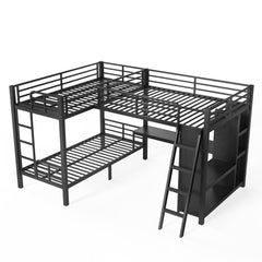Bellemave® Metal Twin XL Over Twin XL Bunk Bed with Full Loft Bed, Heavy Duty L - Shaped Triple Bunk Bed Frame with Wardrobe, Desk & Storage Shelves for 3 Kids,Black - Bellemave