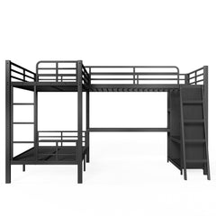 Bellemave® Metal Twin XL Over Twin XL Bunk Bed with Full Loft Bed, Heavy Duty L - Shaped Triple Bunk Bed Frame with Wardrobe, Desk & Storage Shelves for 3 Kids,Black - Bellemave