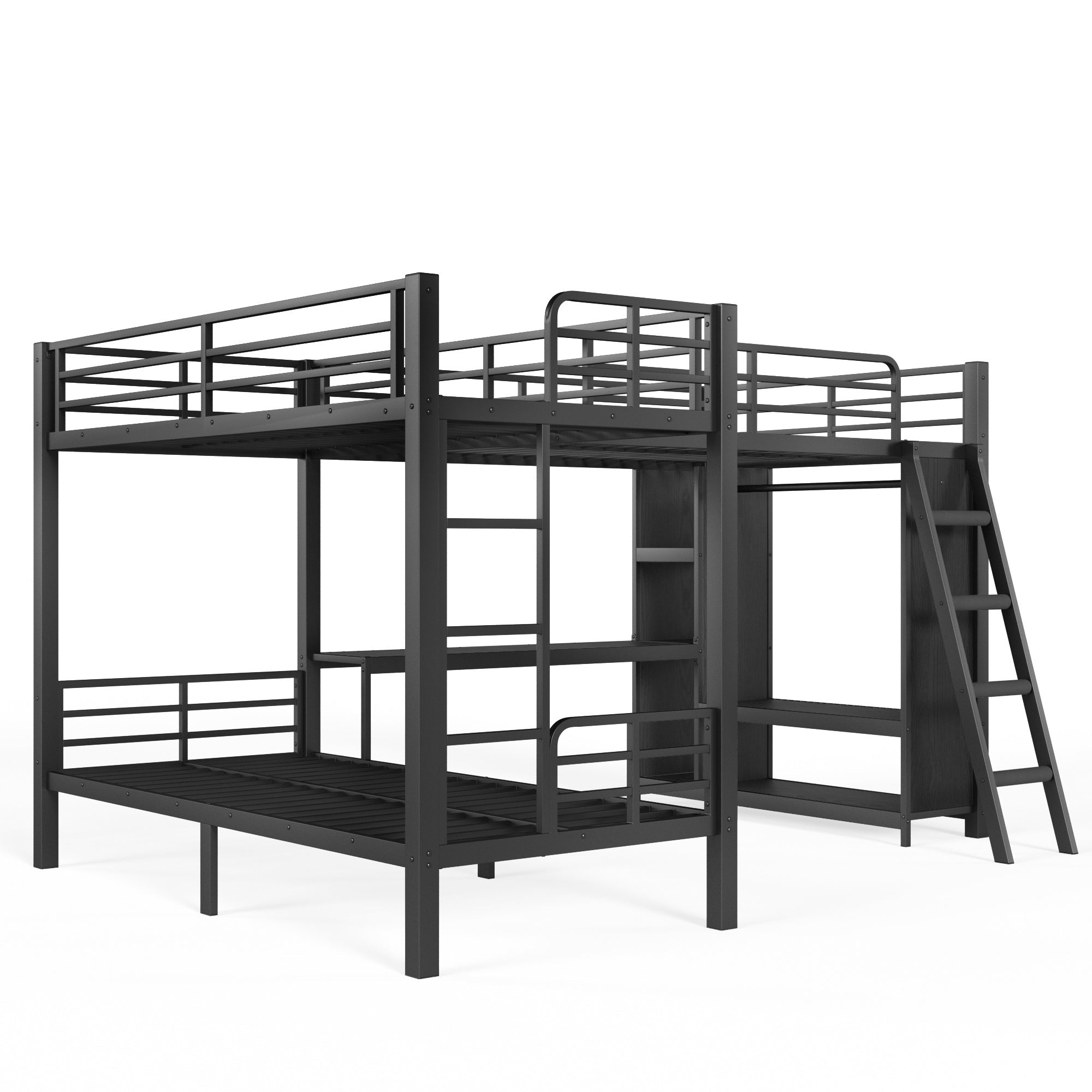 Bellemave® Metal Twin XL Over Twin XL Bunk Bed with Full Loft Bed, Heavy Duty L - Shaped Triple Bunk Bed Frame with Wardrobe, Desk & Storage Shelves for 3 Kids,Black - Bellemave