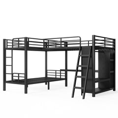 Bellemave® Metal Twin XL Over Twin XL Bunk Bed with Full Loft Bed, Heavy Duty L - Shaped Triple Bunk Bed Frame with Wardrobe, Desk & Storage Shelves for 3 Kids,Black - Bellemave