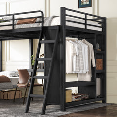 Bellemave® Metal Twin XL Over Twin XL Bunk Bed with Full Loft Bed, Heavy Duty L - Shaped Triple Bunk Bed Frame with Wardrobe, Desk & Storage Shelves for 3 Kids,Black - Bellemave
