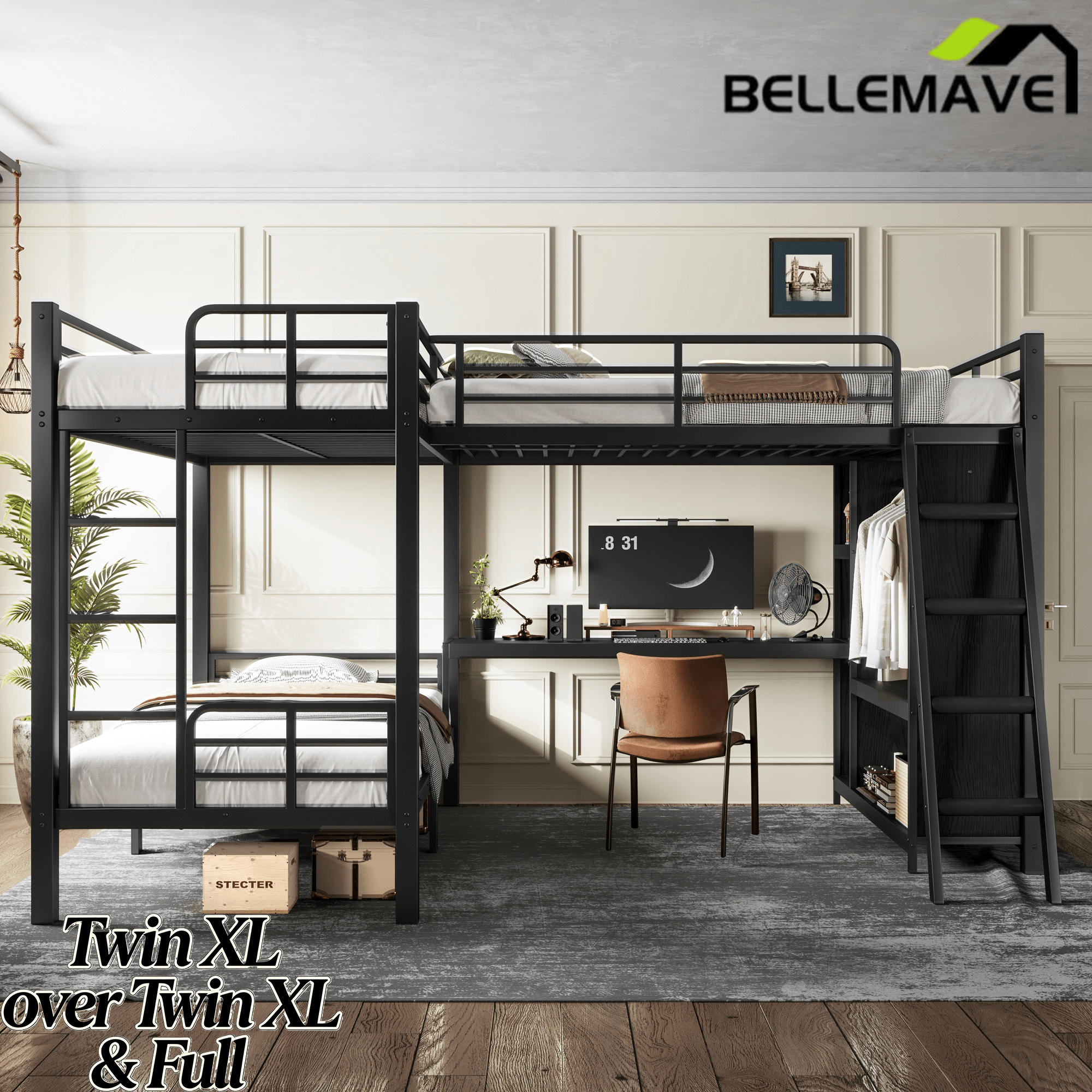 Bellemave® Metal Twin XL Over Twin XL Bunk Bed with Full Loft Bed, Heavy Duty L - Shaped Triple Bunk Bed Frame with Wardrobe, Desk & Storage Shelves for 3 Kids,Black - Bellemave