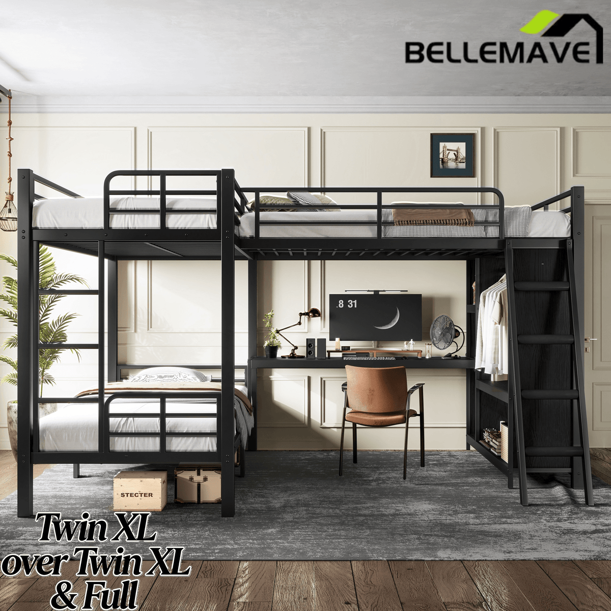 Bellemave® Metal Twin XL Over Twin XL Bunk Bed with Full Loft Bed, Heavy Duty L - Shaped Triple Bunk Bed Frame with Wardrobe, Desk & Storage Shelves for 3 Kids,Black - Bellemave