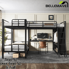 Bellemave® Metal Twin XL Over Twin XL Bunk Bed with Full Loft Bed, Heavy Duty L - Shaped Triple Bunk Bed Frame with Wardrobe, Desk & Storage Shelves for 3 Kids,Black - Bellemave