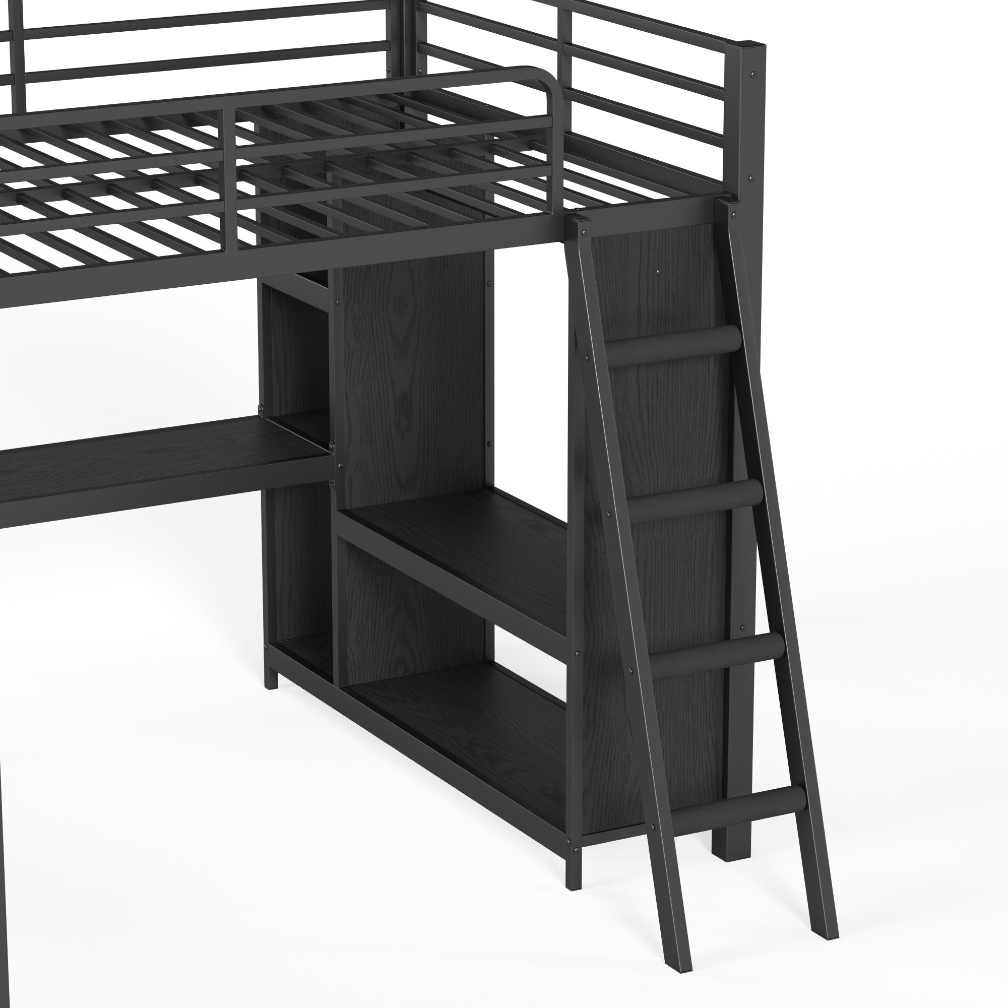 Bellemave® Metal Twin XL Over Twin XL Bunk Bed with Full Loft Bed, Heavy Duty L - Shaped Triple Bunk Bed Frame with Wardrobe, Desk & Storage Shelves for 3 Kids,Black - Bellemave