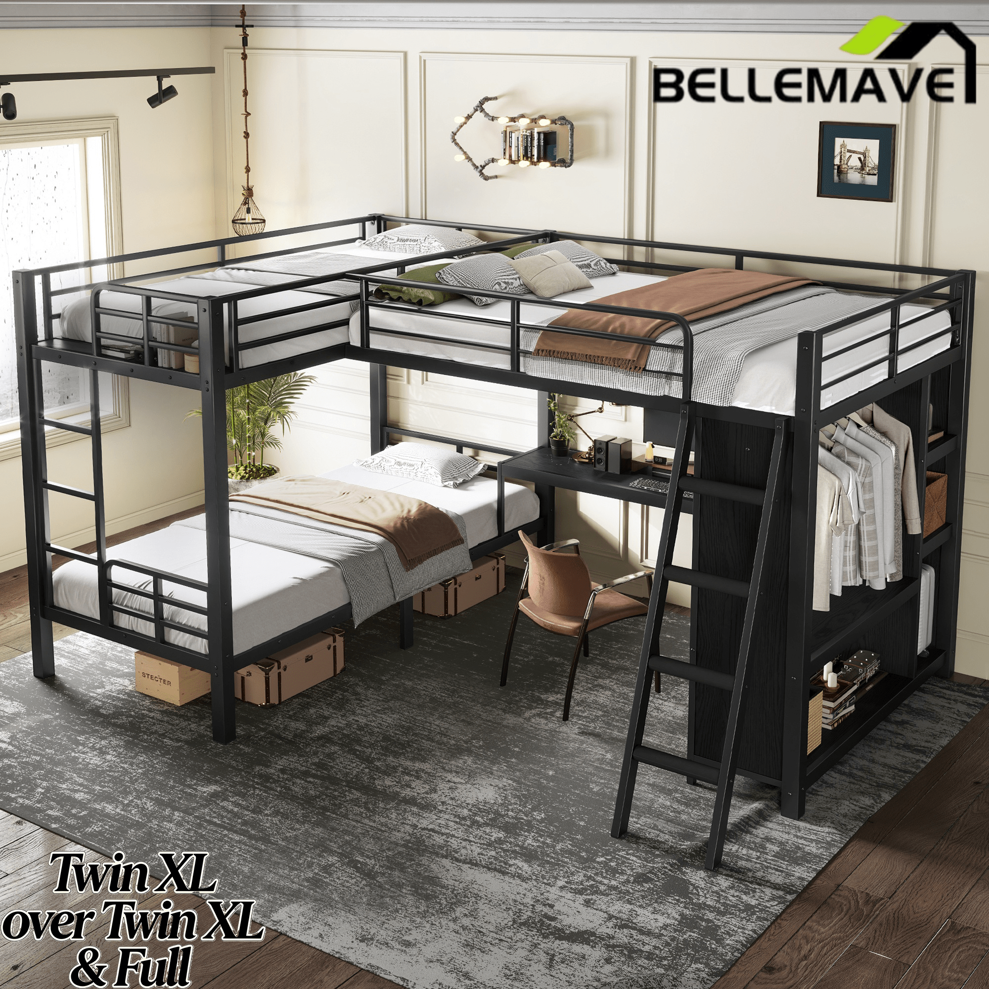 Bellemave® Metal Twin XL Over Twin XL Bunk Bed with Full Loft Bed, Heavy Duty L - Shaped Triple Bunk Bed Frame with Wardrobe, Desk & Storage Shelves for 3 Kids,Black - Bellemave