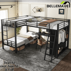 Bellemave® Metal Twin XL Over Twin XL Bunk Bed with Full Loft Bed, Heavy Duty L - Shaped Triple Bunk Bed Frame with Wardrobe, Desk & Storage Shelves for 3 Kids,Black - Bellemave