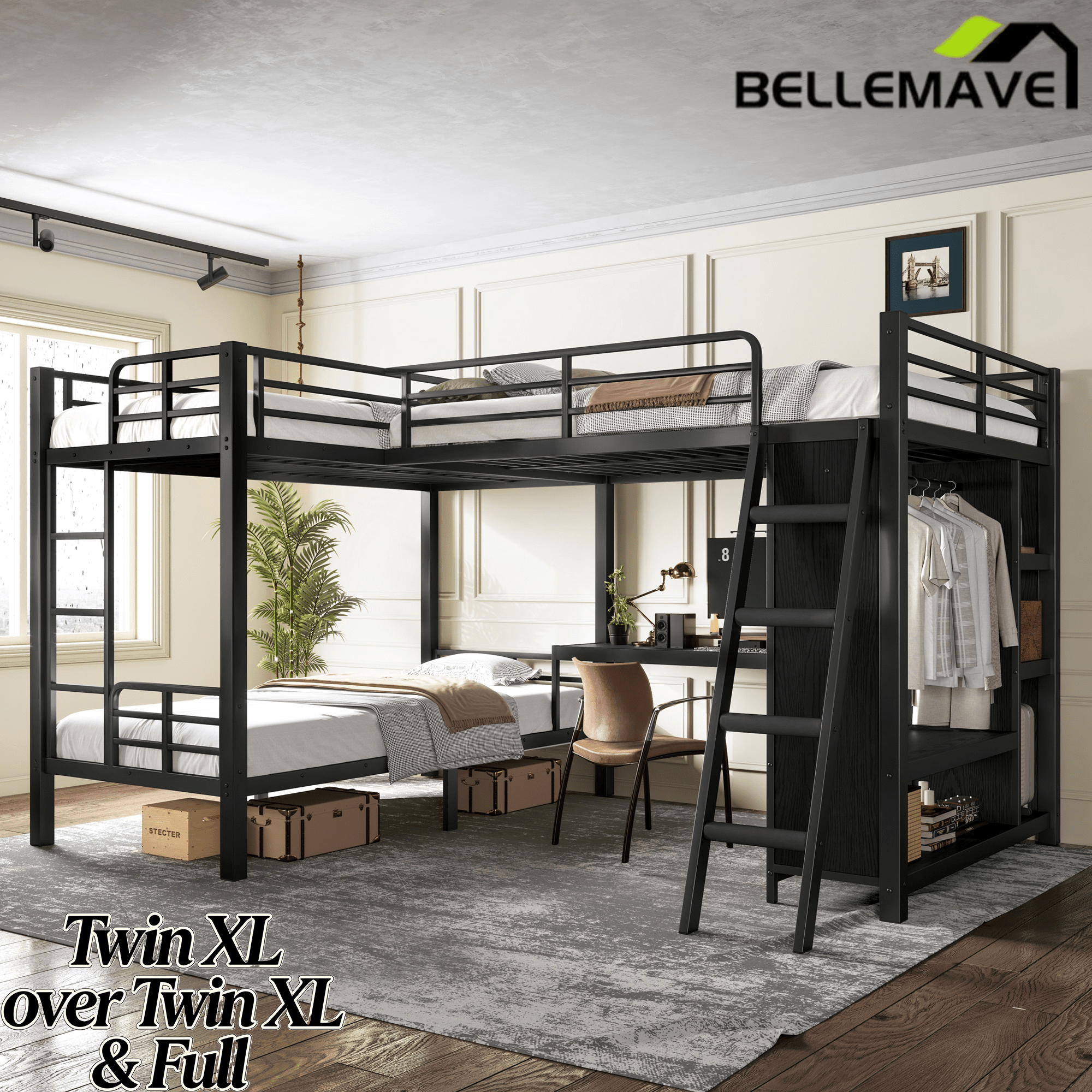 Bellemave® Metal Twin XL Over Twin XL Bunk Bed with Full Loft Bed, Heavy Duty L - Shaped Triple Bunk Bed Frame with Wardrobe, Desk & Storage Shelves for 3 Kids,Black - Bellemave