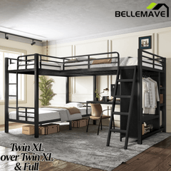 Bellemave® Metal Twin XL Over Twin XL Bunk Bed with Full Loft Bed, Heavy Duty L - Shaped Triple Bunk Bed Frame with Wardrobe, Desk & Storage Shelves for 3 Kids,Black - Bellemave