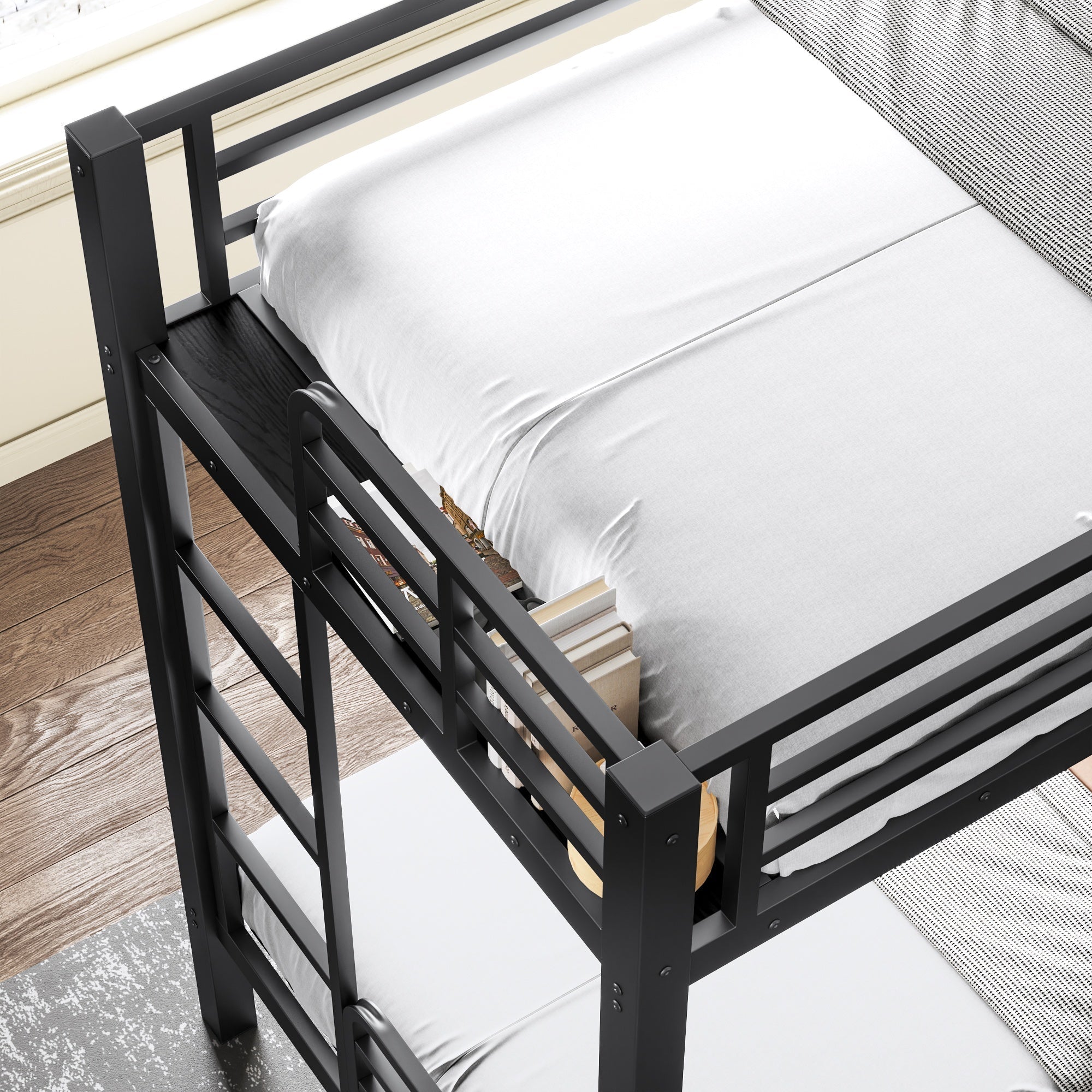 Bellemave® Metal Twin XL Over Twin XL Bunk Bed with Full Loft Bed, Heavy Duty L - Shaped Triple Bunk Bed Frame with Wardrobe, Desk & Storage Shelves for 3 Kids,Black - Bellemave