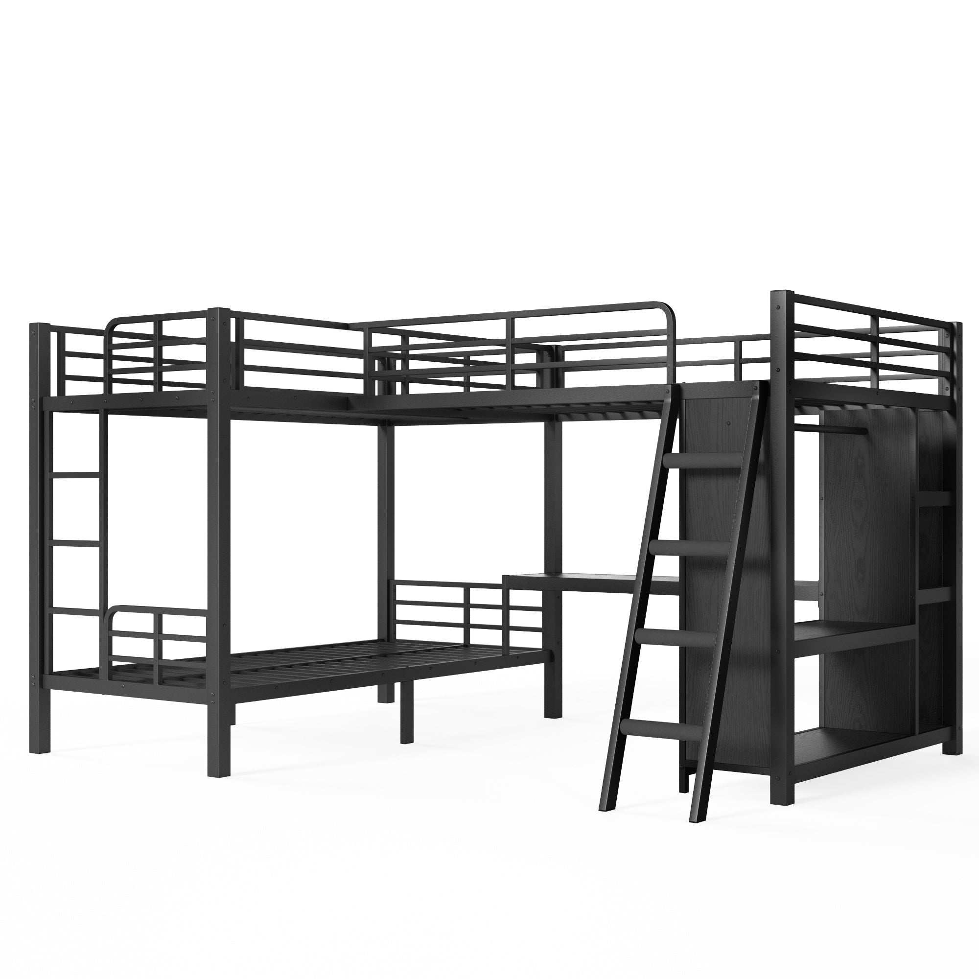 Bellemave® Metal Twin XL Over Twin XL Bunk Bed with Full Loft Bed, Heavy Duty L - Shaped Triple Bunk Bed Frame with Wardrobe, Desk & Storage Shelves for 3 Kids,Black - Bellemave
